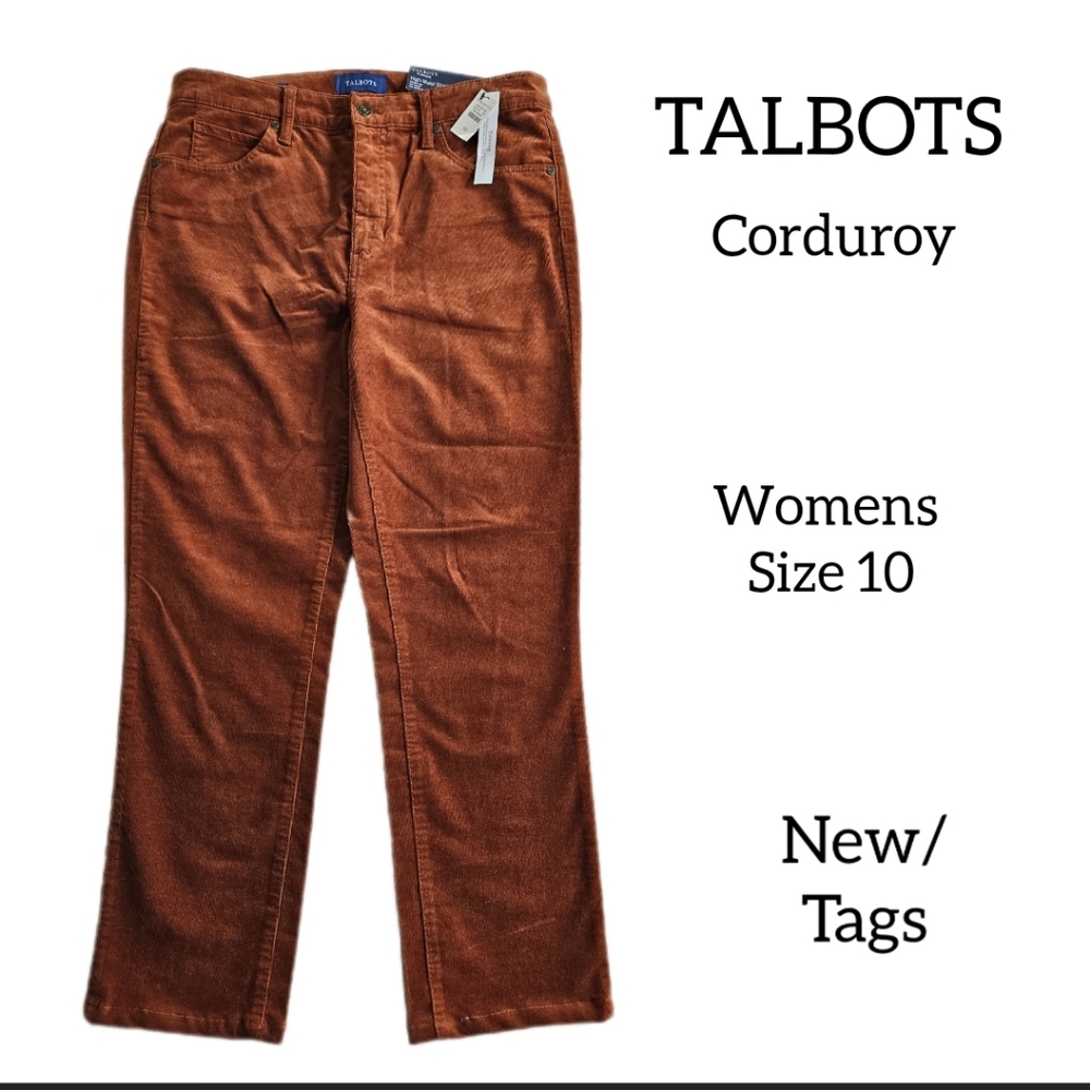 TALBOTS CORDUROY HIGH WAIST STRAIGHT JEANS SIZE 10 BROWN ORANGE COLOR NEW